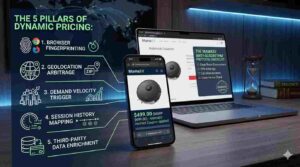 An infographic titled The 5 Pillars of Dynamic Pricing showing a smartphone and laptop displaying the MamaSV Anti-Algorithm Protocol. Icons illustrate browser fingerprinting, geolocation arbitrage, demand velocity, session mapping, and third-party data enrichment for online shopping discounts.