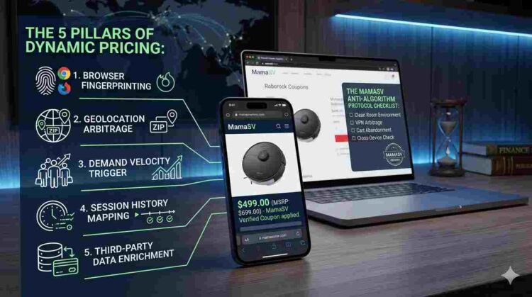 An infographic titled The 5 Pillars of Dynamic Pricing showing a smartphone and laptop displaying the MamaSV Anti-Algorithm Protocol. Icons illustrate browser fingerprinting, geolocation arbitrage, demand velocity, session mapping, and third-party data enrichment for online shopping discounts.