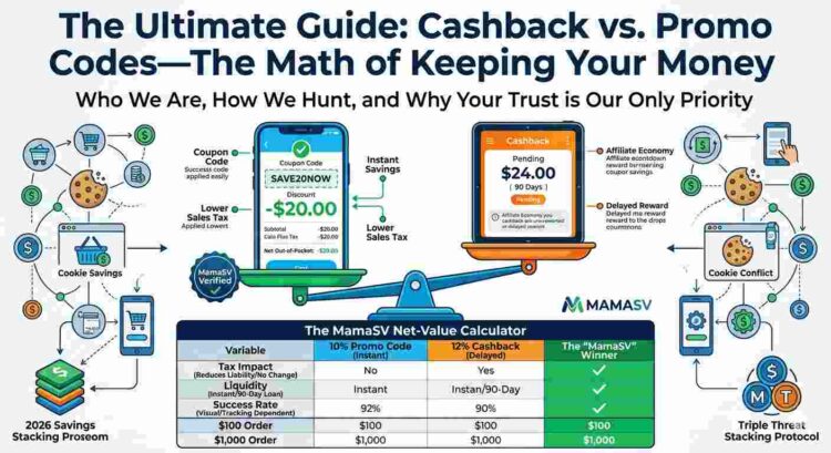 A comparative financial infographic by MamaSV showing the Net-Value of instant promo codes versus 90-day delayed cashback rewards, illustrating the tax savings and liquidity benefits for shoppers.