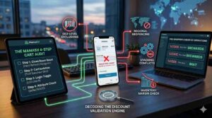 Infographic titled Decoding the Discount Validation Engine illustrating why promo codes fail at checkout. It maps red-zone technical errors like SKU-level exclusions, regional geofencing, and stacking conflicts against the green-zone MamaSV 4-Step Cart Audit protocol on a tablet.