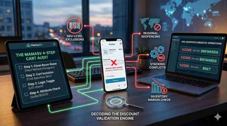 Infographic titled Decoding the Discount Validation Engine illustrating why promo codes fail at checkout. It maps red-zone technical errors like SKU-level exclusions, regional geofencing, and stacking conflicts against the green-zone MamaSV 4-Step Cart Audit protocol on a tablet.