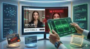 A digital 3D render of a cybersecurity lab featuring a computer monitor showing an AI-detected deepfake social media ad for a luxury brand. The scene includes holographic data interfaces for WHOI