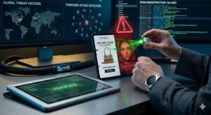 Close-up of a hand using a small MSV-branded green laser scanner on a tablet screen displaying a 15% off luxury bag ad. The screen shows a red 'AI DETECTED' alert over a model's face. Background monitors display holographic charts for Punycode Attack Detection and Global Threat Vectors.