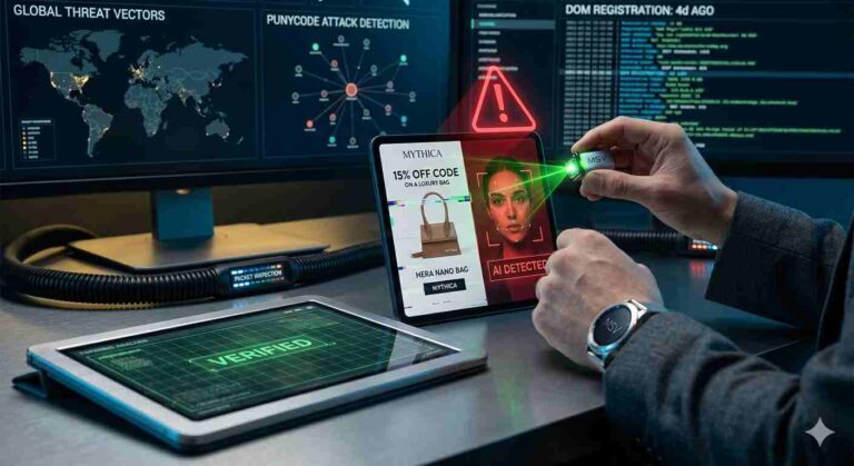 Close-up of a hand using a small MSV-branded green laser scanner on a tablet screen displaying a 15% off luxury bag ad. The screen shows a red 'AI DETECTED' alert over a model's face. Background monitors display holographic charts for Punycode Attack Detection and Global Threat Vectors.